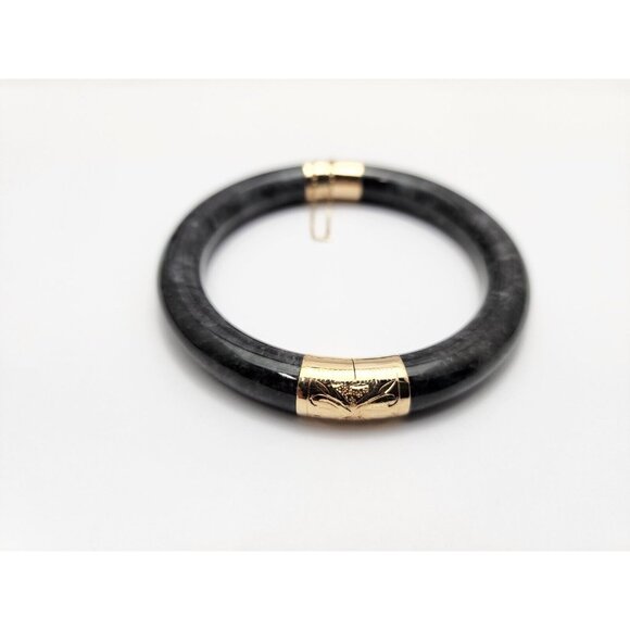 14K Solid Yellow Gold Textured Black & Grey Jade Jadeite Bangle Bracelet 7" L - Picture 5 of 13